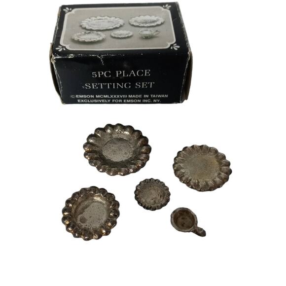 Vintage Emson Pewter Dollhouse Miniatures 5pc Place Setting 1988 Taiwan Retro - Picture 1 of 13